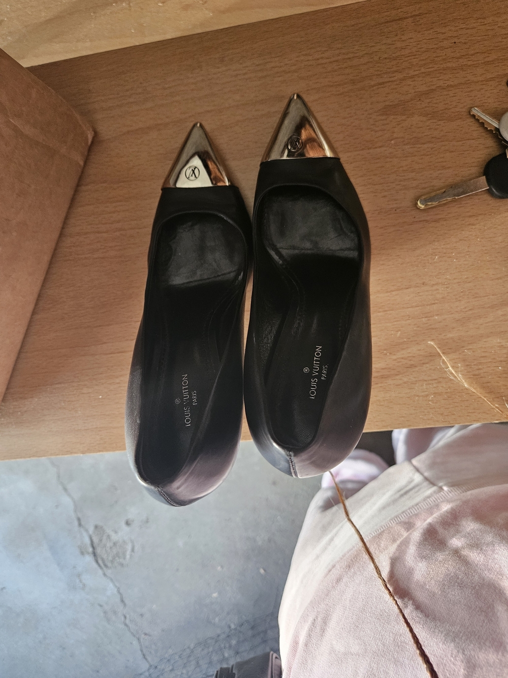 Louis Vuitton Women's Black Leather Pointed Toe Flats with Gold Cap